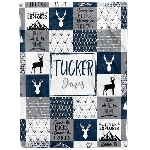 MDPrints Global Personalized Baby Blankets Deer for Boys, Personalized Baby Gifts with Name, Customized Baby Blanket, Newborn Boy Gift (Blue Ver 2)