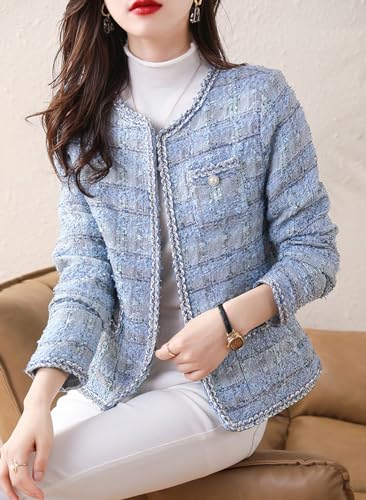 chouyatou Women's Elegant Open Front Tweed Jacket Slim Collarless Bussiness Casual Blazer Jacket4