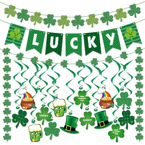 33PCS St Patricks Day Decorations Pre-Assembled St. Patricks Day Lucky Banner Shamrock Garlands Hanging Swirls Clover Irish Decor Saint Patrick Day Party Favor