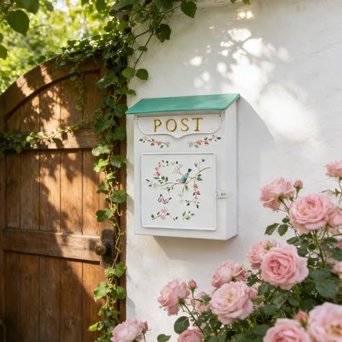 Image of Mailbox Wall Mount Mailboxes for Outside Vintage Mail Boxes for House Outside Metal Drop Box Antique Style Nostalgic Charm Home Decorative, Flower Pattern, White