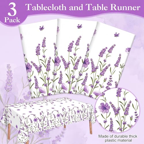 Image of Ganeen 3 Pcs Spring Summer Lavender Plastic Tablecloths Disposable Purple Floral Table Cloths Watercolor Table Cover for Wedding Birthday Baby Shower Garden Tea Party Decorations, 54 x 108 Inch