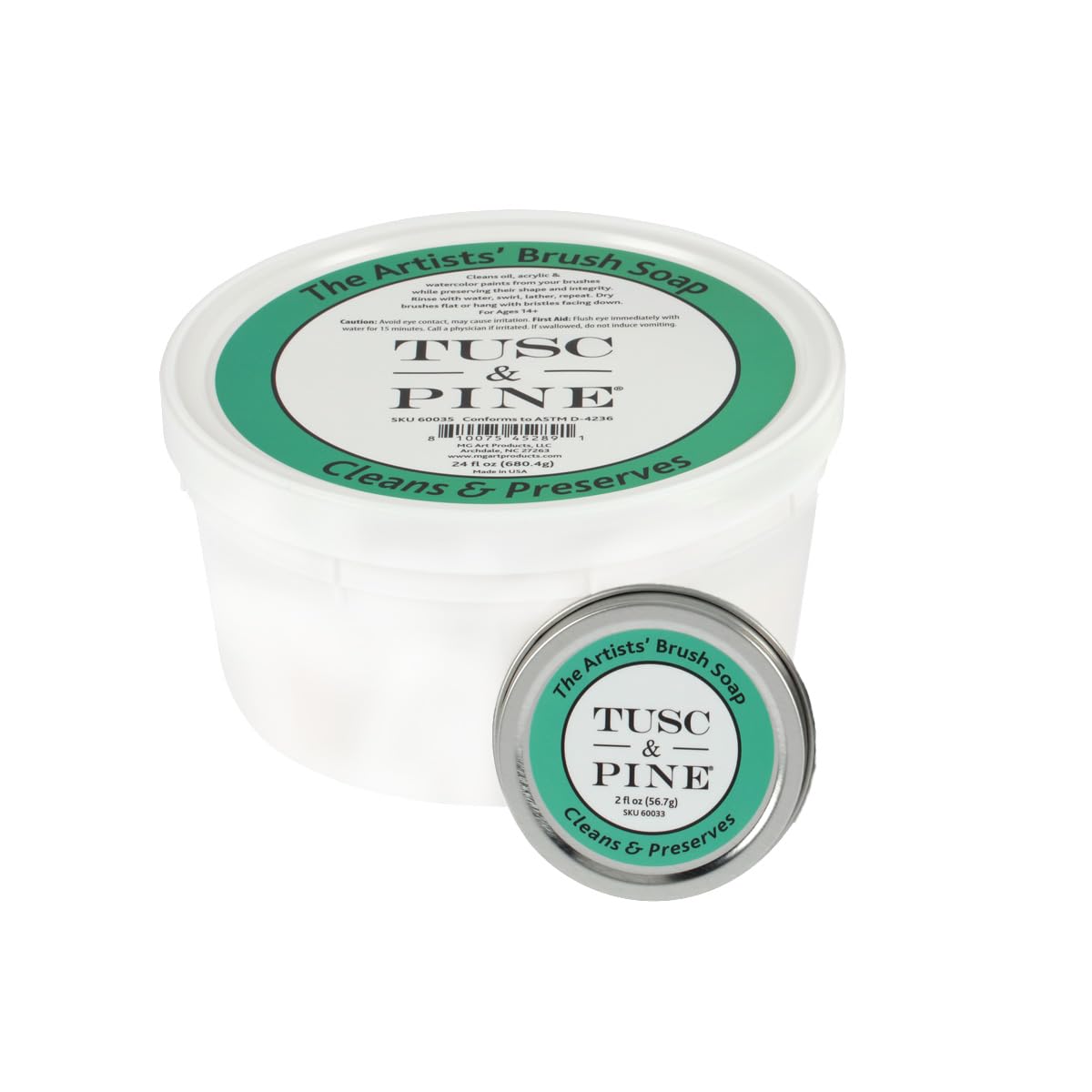 Tusc &amp; Pine The Artists' Brush Soap - 2oz and 24 oz Set - Plant-Based Brush Cleaner, Oil, Acrylic, Watercolor Paint - Nourishes Bristles; Made in North Carolina; Alkali Soap, Gentle Pine Fragrance