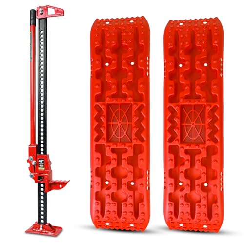 Big RED Farm Jack 48" with Off Road Traction Boards,Utility High Lift Farm Jack with Pair Recovery Tracks Traction Mat,Sand Mud Snow Recovery Kit for Car Truck Jeep ATV SUV UTV,Red