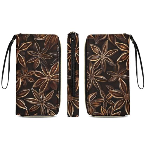 Womens Leather Wallets Star Anise Pattern Wallet for Women Large Capacity Card Phone Holder Ladies Purse with Wriststrap3