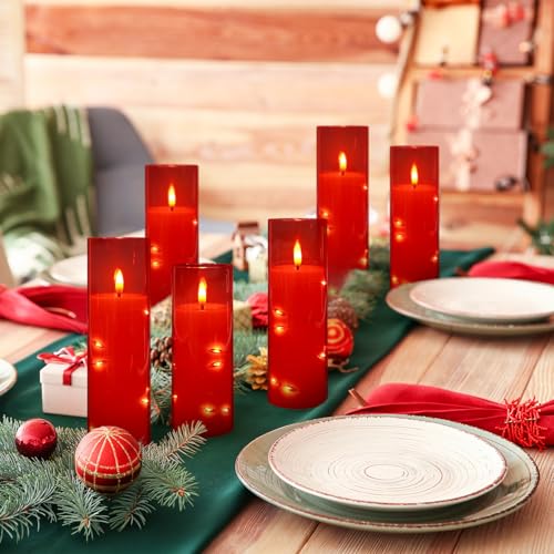 Image of 12‑Pack Red Flameless LED Candles(D 2.2 inch xH 5 inch 6 inch 7 inch) with Embedded String Lights,Acrylic Pillar Candles with 2 Remote Timers, Battery‑Operated for Christmas, Halloween & New Year Decor.