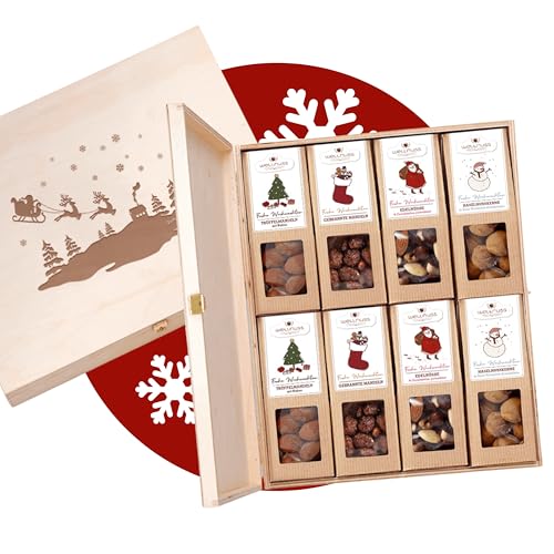 WELLNUSS &bdquo;Limitierte Weihnachtsedition&ldquo; &ndash; 8 Premium Snacks in edler Birkenholzbox &ndash; Gourmet Geschenkset mit N&uuml;ssen, Fr&uuml;chten & Schokolade &ndash; Exklusives Weihnachts Geschenk f&uuml;r Feinschmecker