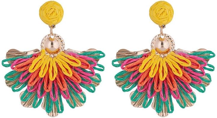 Colorful Raffia Dangle Earrings for Women Boho Rattan Statement Geometric Dangle Earrings Summer Beach Holiday Jewelry