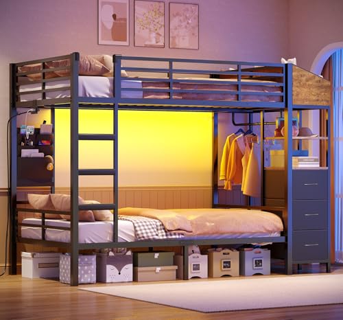 AOGLLATI Hochbett 90x200cm mit LED Beleuchtung und Ladestation Kinderbett 90x200 mit Treppe und Rausfallschutz Platzsparendes Kinder Etagenbett Jugendbett mit Garderobenständer und Stauraum