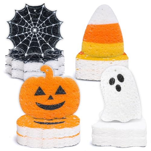 Image of 8Pcs Halloween Kitchen Sponges Water Absorbing Wood Pulp Sponges Cute Ghost Pumpkin Corn Spider Web Dish Washing Sponge for Kitchen Bathroom Home Cleaning