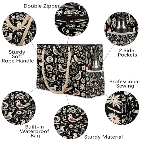 Tote Beach Bag for Women Large Zipper Beach Bags Waterproof Sandproof Cute Owls Gym Swim Pool Travel Bag3