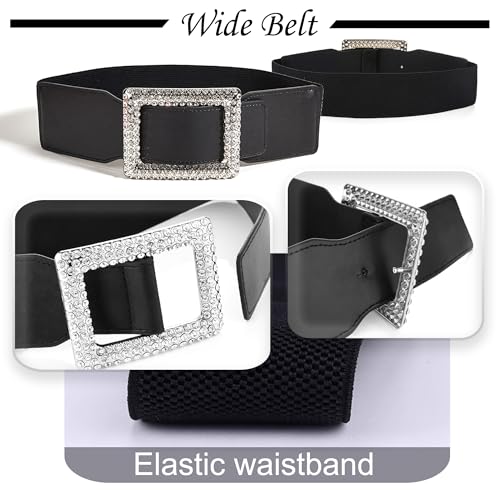 Rhinestone Stretchy Wide Belts for Women, Ladies Cinch Corset PU-Leather Retro Elastic Waistband for Dress Coat S/M4