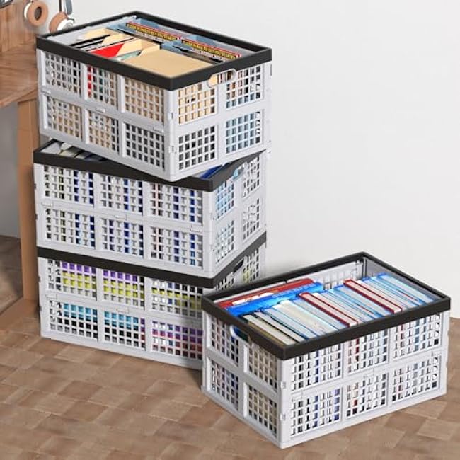 42 L Plastic Stackable Collapsible Storage Crate, 4-Pack Stacking Folding Storage Basket, Utility Crate Basket Containers