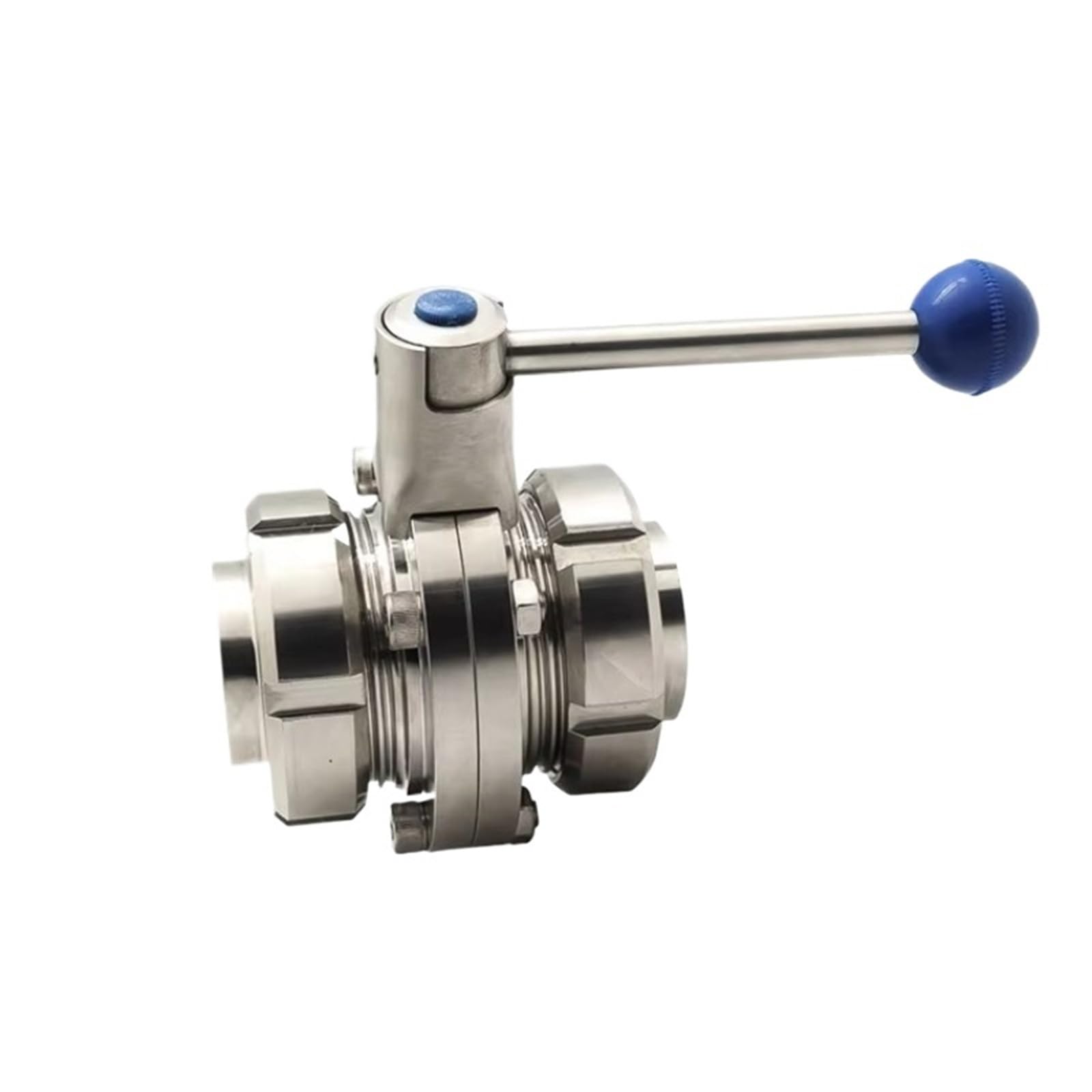 Belovek One Color Ss304/Ss316l Forged Dairy Butterfly Valve Union Type Food Grade Butterfly Blue Pull Multi-Position Handle Dn10-Dn250