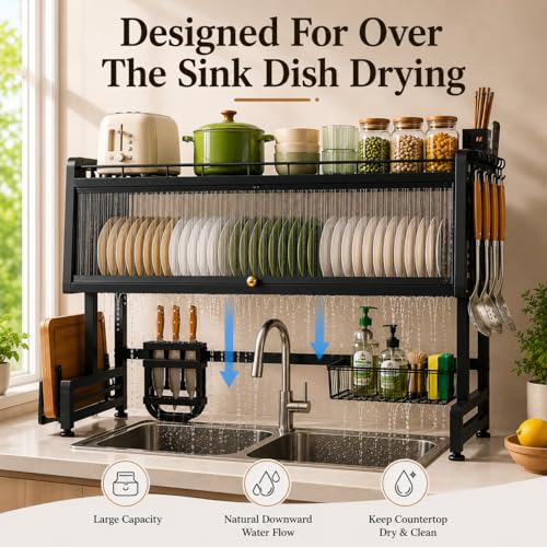 Image of COMFYHOME Over the Sink Dish Drying Rack for Kitchen More Sturdy Stable with Lid 85cm, Rust-Proof Durable, Features Knife Rack, Cutting Board Holder, Storage Basket Ideal for Dish Drainer Large Size