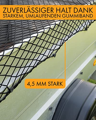 DPStore® Anhängernetz dehnbar von 1m x 2m auf 2m x 3m - schwarz - Anhänger Netz mit extra Eckmarkierungen + Planenhaken + umlaufendem Gummiband