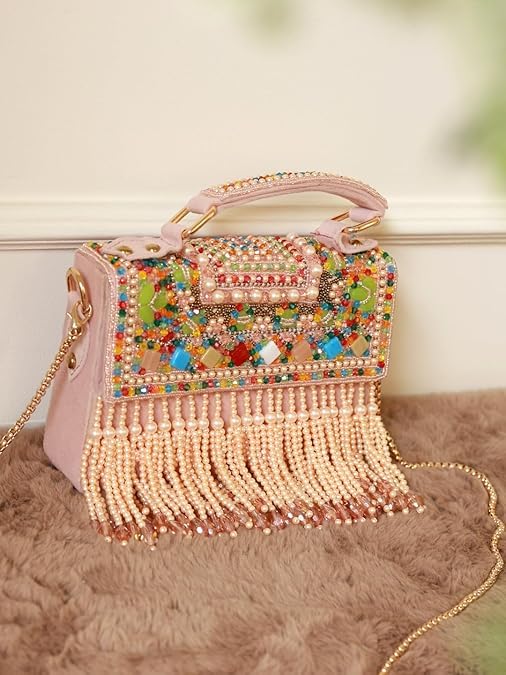 Image of THE TAN CLAN Kiara Beige Flap Over Bag Clutches for women Purses Luxury Evening Handbags for ladies with Handle