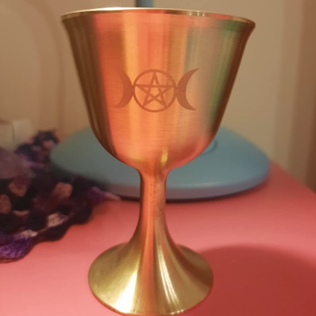 chengzui Brass Chalice Goblet Cups, Altar Goblet Moon Pentacle Wicca Ritual Religious Brass Cup, Gold Plating Brass Moon Pentacle Ceremony Divination Astrological Tool Witchcraft Prop Supplies