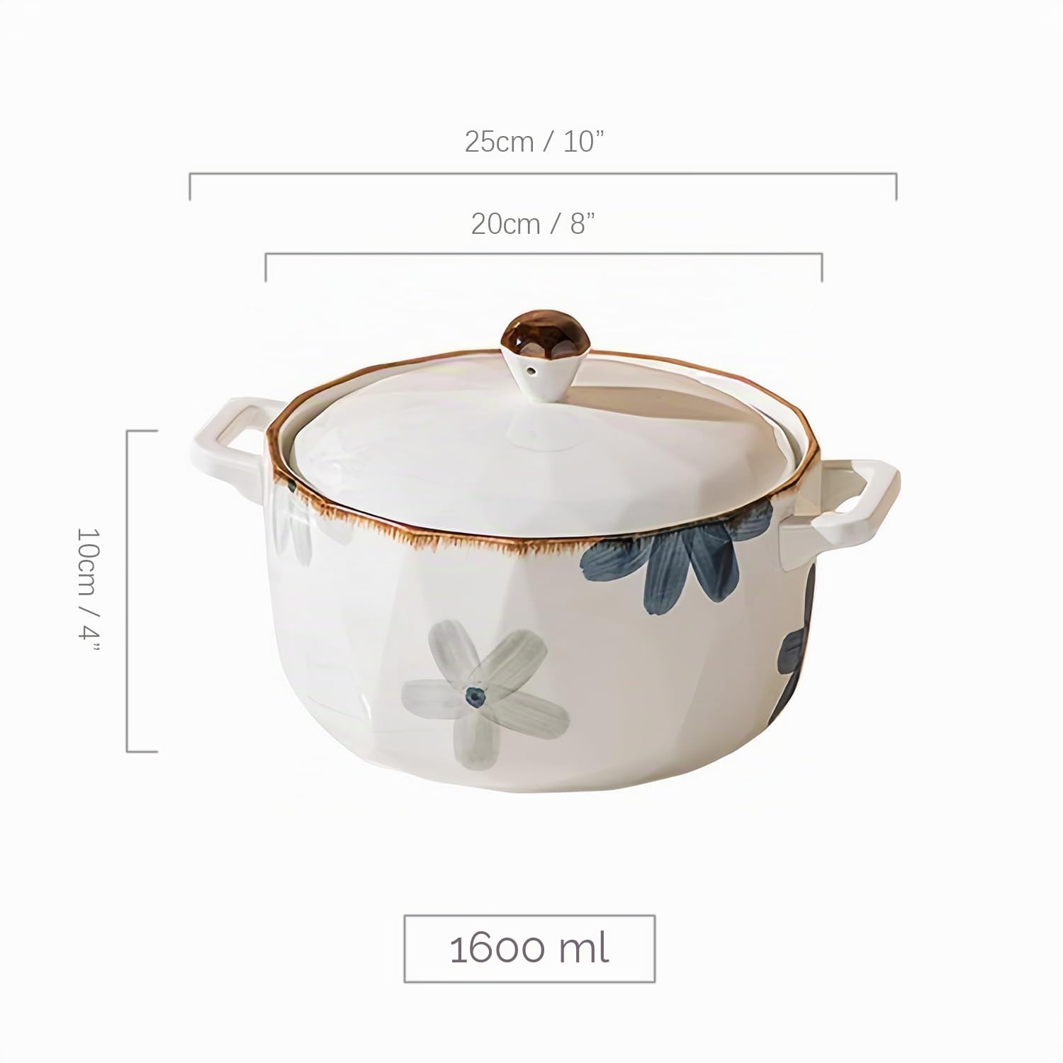 Suppenschüssel mit Deckel, große Ramenschüssel, Keramik, Instant-Nudelschüssel, mikrowellengeeignet, große Suppentasse (weiße Blume, 1600 ml)