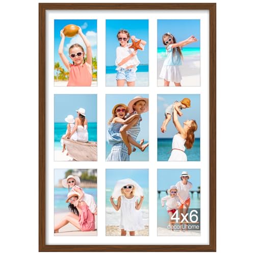 decorUhome 14x20 Picture Frames Collage Wall Decor, Display 9Pcs 4x6 Photos with Mat or 1Pcs 14x20 Unmatted, 9 4x6 Collage Picture Frames for Wall Mounting, Brown