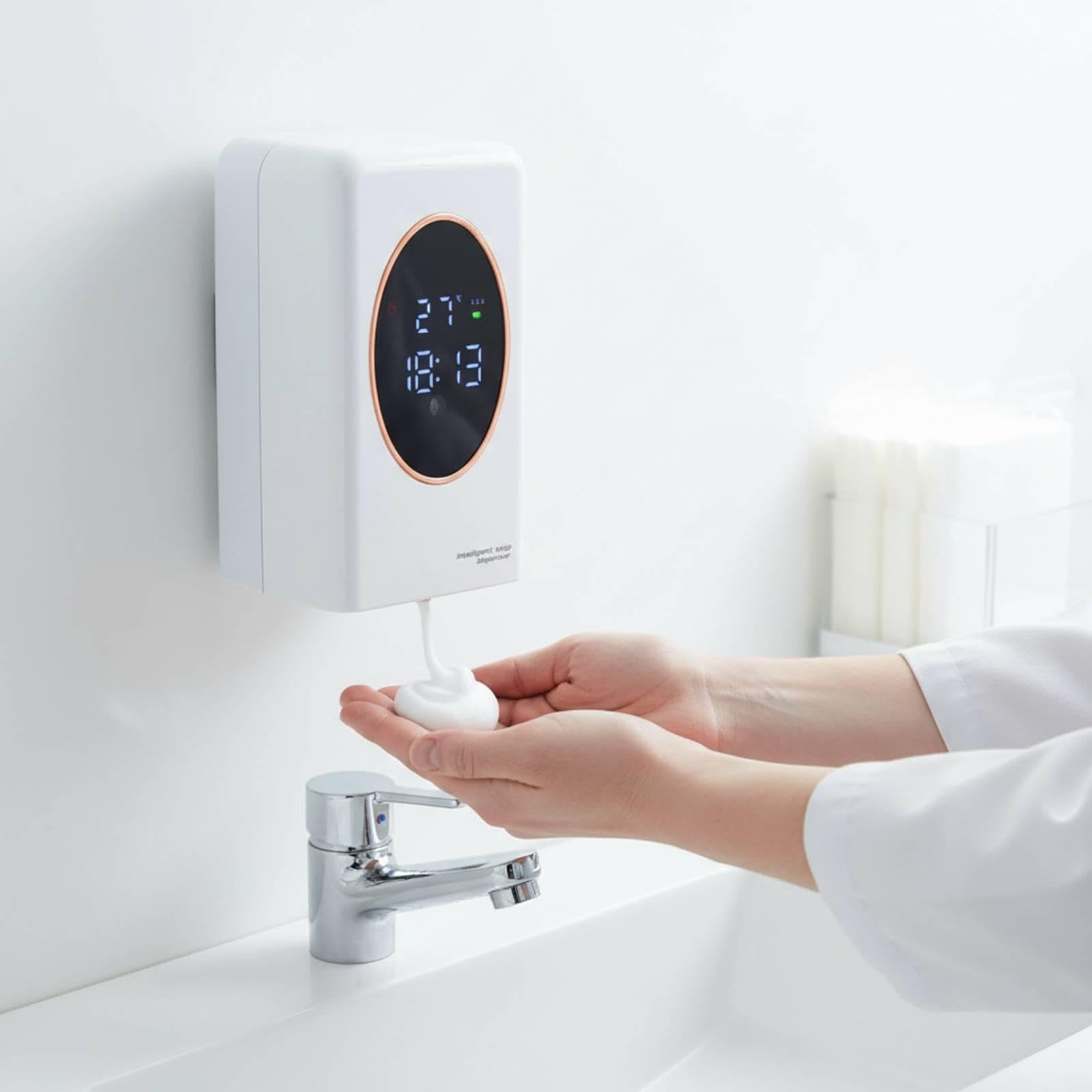 Dispenser Automatico di Sapone a Schiuma Sensore Touchless Volume Regolabile Montato a Parete Ricaricabile E Durevole per Lavaggio Mani in Bagno Cucin, Bianco