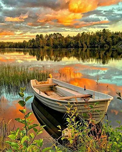 Wowdecor Paint by Numbers for Adults Beginner Kids, Number Painting - Lakeside Boat Landscape 40x50 cm - Wall Art Gifts (Frameless)