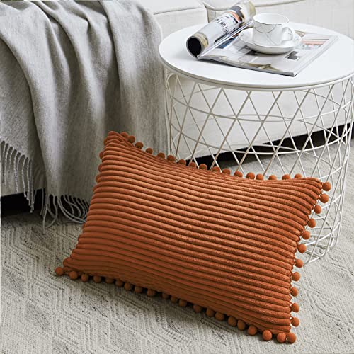 Fancy Homi 2 Pack Rust Lumbar Decorative Throw Pillow Covers 12X20 Inch With Pom-Poms For Living Room Couch Bedroom, Soft Corduroy Solid Rectangle Cushion Case 30X50 Cm, Rustic Farmhouse Home Decor #TOP1