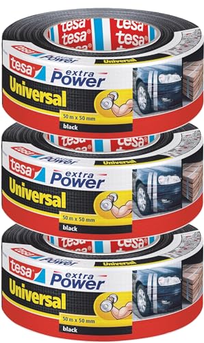 tesa extra Power Universal Gewebeband - 3 Rollen Gewebeverstärktes Ductape zum Reparieren, Befestigen, Bündeln, Verstärken oder Abdichten - Schwarz - 50 m x 50 mm