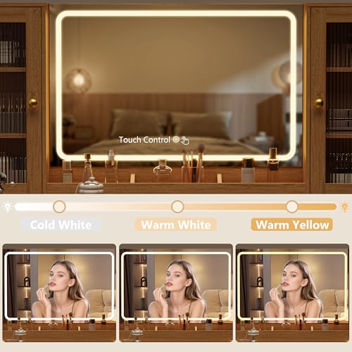 Image of Fluted Makeup Vanity Desk with Mirror and Lights, 55 inch Glass Top Vanity with 8 Drawers & 4 RGB Glass Cabinets, Adjustable Shelves & Power Outlet, Modern Dressing Table Set for Women Girls Bedroom
