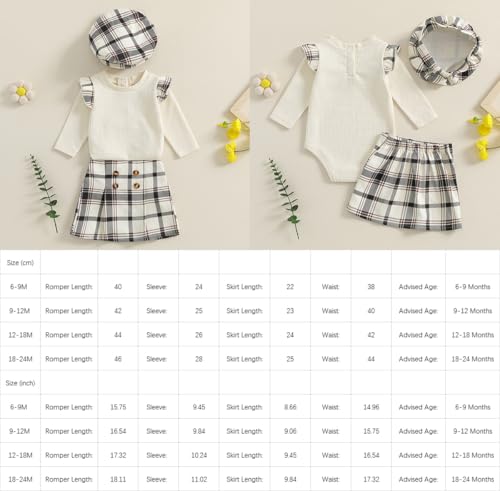 3PCS Infant Baby Girls Ruffles Long Sleeves Knit Romper + A-Line Plaid Skirt + Plaid Beret Hat Sets2