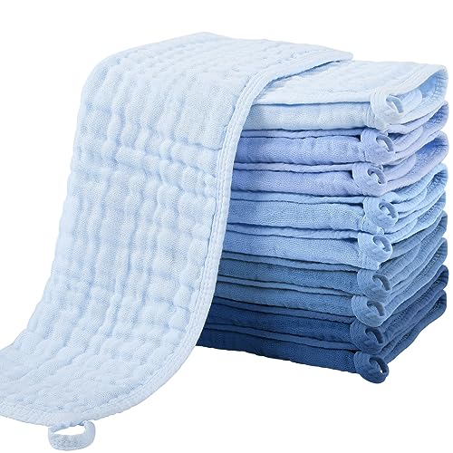 Image of Yoofoss Muslin Burp Cloths for Baby 10 Pack 100% Cotton Baby Washcloths for Boys Girls Large 20''X10'' Super Soft and Absorbent Progressive Blue