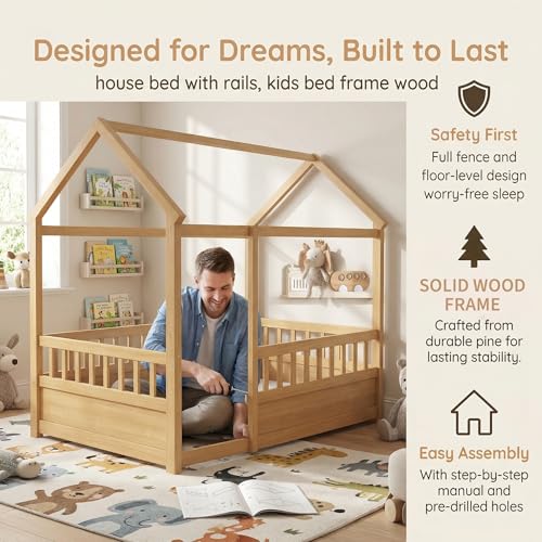 Image of Bellemave Kids Full Size Floor Bed with House Roof Frame and Safety Fence, Wooden Montessori Bed, Low Profile Playhouse Bed for Boys Girls Bedroom (Natural)
