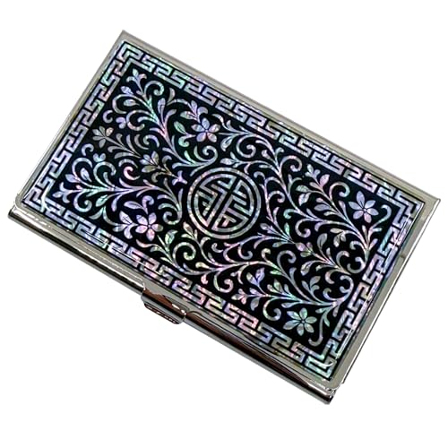 Image of Mother of Pearl Business Card Case Credit Id Name Holder Travel Wallet Art Painting Design Metal Stainless Steel Engraved Slim Purse Pocket Cash Money Wallet (N Arabesque)
