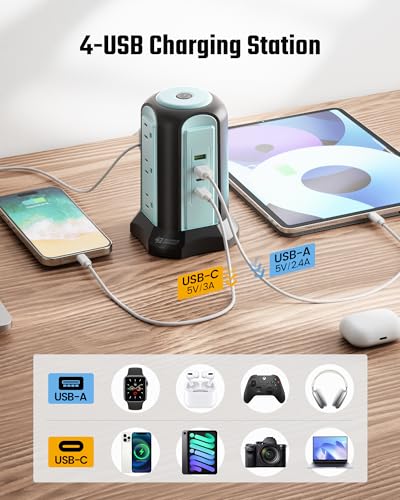 Power Strip Tower Surge Protector, SUPERDANNY Desktop Charging Station, 10 Ft Extension Cord, 9 Outlets, 4 USB Ports, 1080 Joules, 3-Prong, Grounded, Multiple Protections for Home, Office, Blue