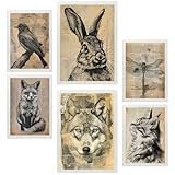 Nacnic 6er-Set Vintage-Tiere. Vogel, Hase, Libelle, Fuchs, 
