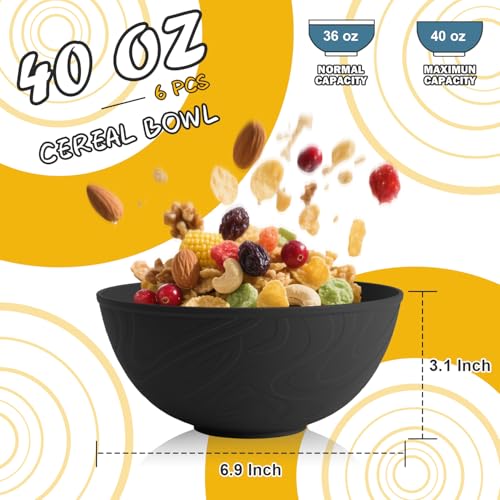 Image of Unbreakable Cereal Bowls 40 OZ, Wheat Straw Bowls Set of 6, Anti Scald Extra Thick Soup Bowls, Reusable Plastic Bowl for Kitchen, Outdoor, Camping, RV, Black