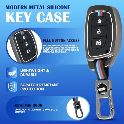 Image of Metal Silicon Key Cover Compatible with Hyundai Creta i10 Grand i20 Elite i20 Active Xcent Verna 4s, Tucson Elantra Grand i10 Nios 3 Button Smart Key Special Feature Visible in Low-Light
