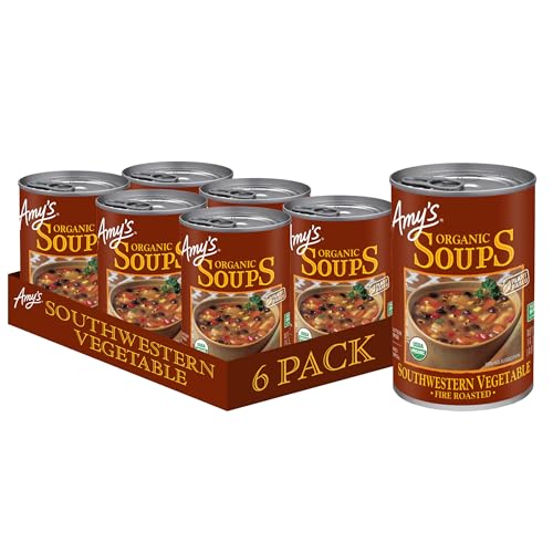 Amy’s Soup, Vegan Fire Roasted Southwestern Vegetable Soup With Organic Black Beans, Gluten Free, Canned, 14.3 Oz (6 Pack)