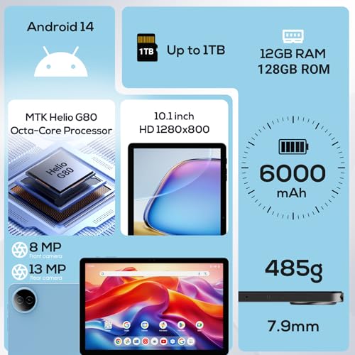 Image of DigiLand Android Tablet, 10.1 inch Android 14 Tablets with G80 Octa-Core, 12GB RAM (4GB+8GB Expansion) +128GB ROM Storage, 6000mAh Battery, Dual Camera, IPS HD Touchscreen, BT 5.0 - Blue
