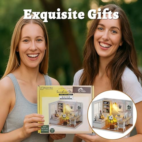 Image of Flever Dollhouse Miniature DIY House Kit Creative Room with Furniture for Romantic Artwork Gift (Sunny Study)