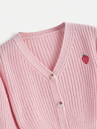 MakeMeChic Women's Strawberry Embroidery Lantern Sleeve V Neck Button Down Cardigan Knit Tops3