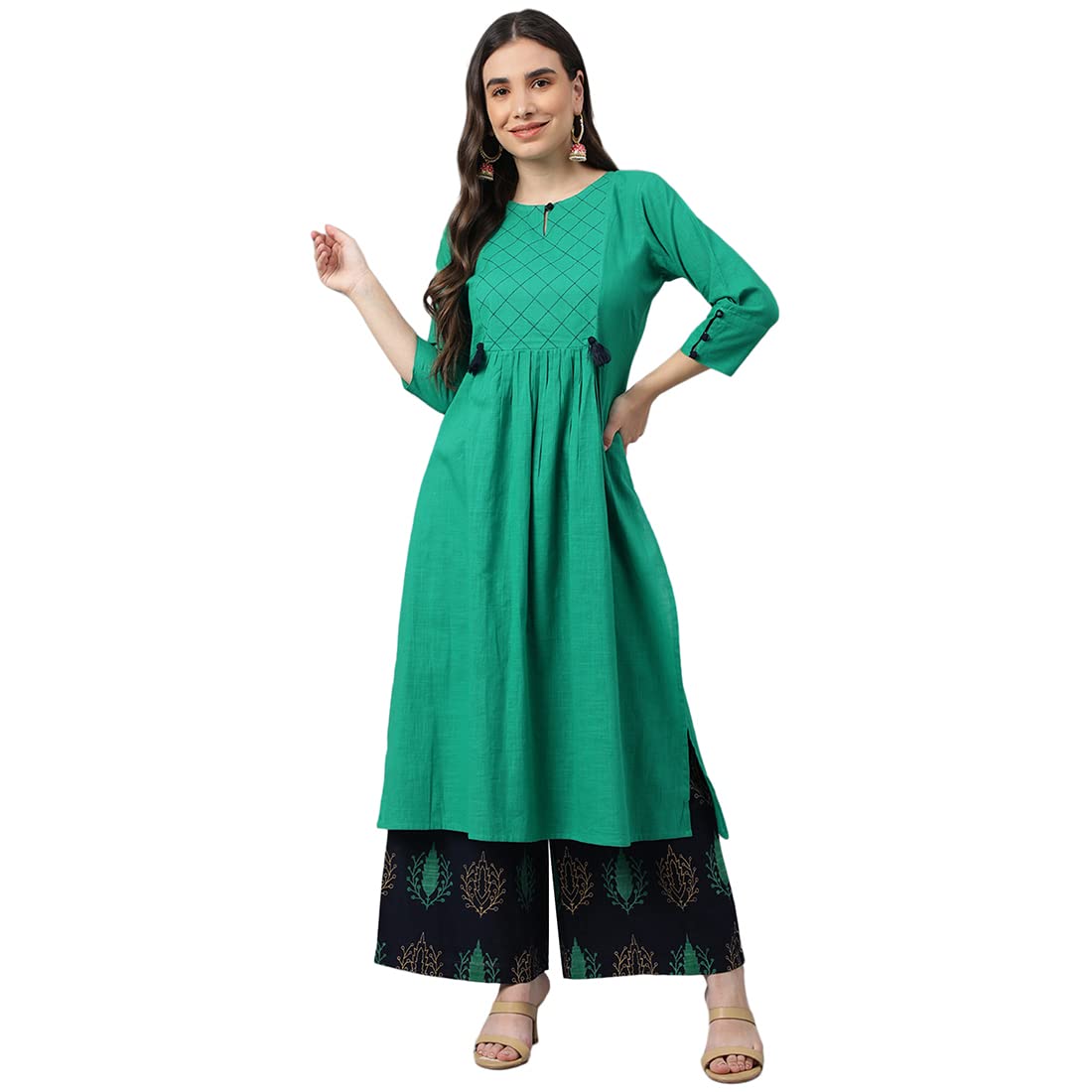 Idalia Rama Green And Navy Blue Cotton Kurta Set