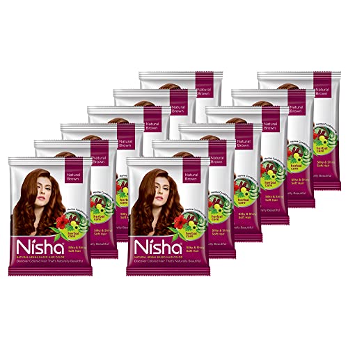 Image of Nisha Natural Henna Powder For Hair Color, Natural Brown Hair, Herbal Conditioning Hair Dye For Silky & Shiny Soft Hair Colour For Men & Women, 25g (Pack of 12)