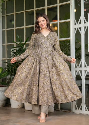 Image of Floral Foil Printed Cotton Anarkali Kurta With Palazzo Set V-Neck, Full Sleeve