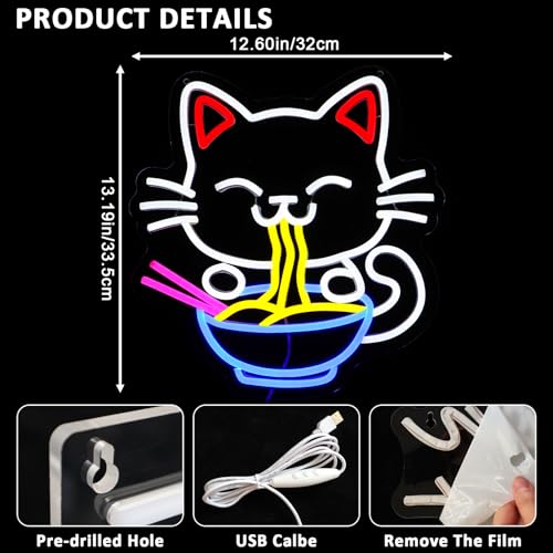 Image of Fortune Cat Ramen Neon Sign for Wall Decor, Japanese Lucky Cat Led Signs for Business, USB Dimmable Cartoon Cat Neon Lights for Noodles Shop Kitchen Home Pub Dinning Room Restaurant Wall Art