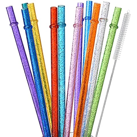 ALINK 12-Pack Glitter Reusable Clear Plastic Straws, 11" Long Hard Tumbler Replacement Drinking Straws for 16 OZ 20 OZ 30 OZ Stanley, YETI, Starbucks Tumblers with Cleaning Brush Cover