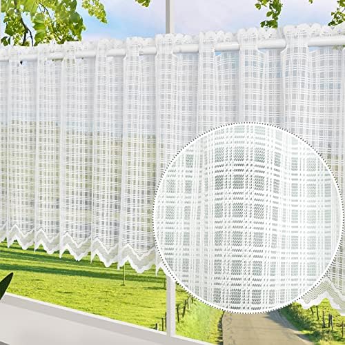 ZHH Cafe Voile Valances Kitchen Net Curtain White Square Lattice Lace Curtain Decor window 15 Inch Drop x 60 Inch Decor Bedroom Kitchen Balcony (152 cm x 38cm)