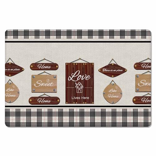 Buffalo Plaid Antifatigue Kitchen Bath Door Mat Cushioned Runner Rug,Washable Welcome Floor Sink Mat,Waterproof & Non-Slip Standing Doormat for Kitchen,Retro Brown Family Words Wooden Board 18