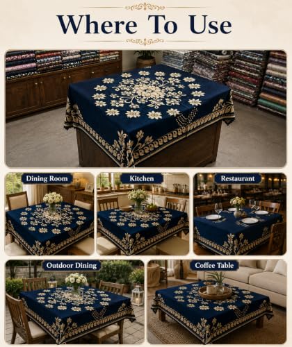 Image of Floral Dining Table Cover for 4 Seater | 58 x 38 Inch Rectangle Polyester Table Cloth | Washable Fabric Table Cover for Dining Table | Dust & Scratch Protection | Blue