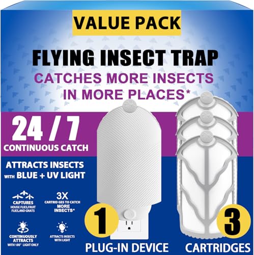 Flying Insect Trap (1 Stater & 3 Refill Cartridges), UV Light Indoor Bug Catcher for Gnats, Fruit Flies, Mosquitoes, and Moths, Plug-in Fly Trap for Home, Kitchen, Living Room