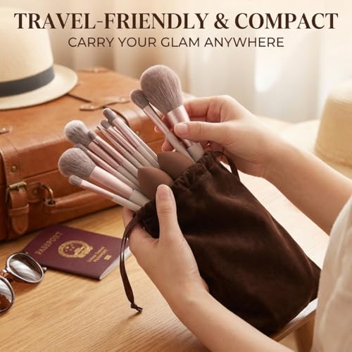 Image of 17Pc Makeup Kit Set - Premium 13-Piece Makeup Brush Set with 3 Makeup sponges & 1 Color-Removal Sponge - Soft Synthetic Bristles, Rose Gold & Cream Design with Velvet Travel Pouch - Complete Professional Beauty Tools (Coffee Edition) (Clean sponge and makeup puffs , color may vary or multicolour)